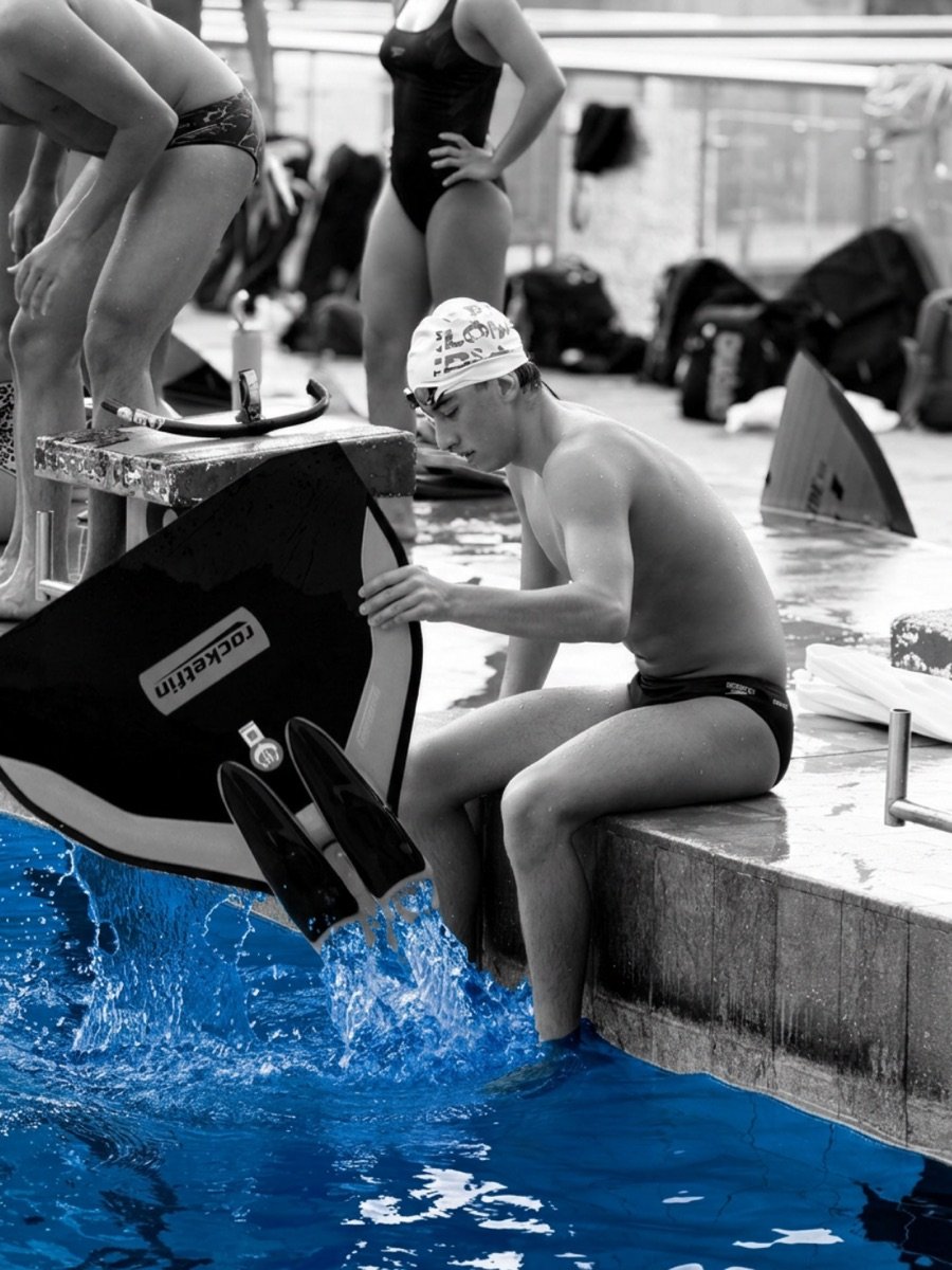 Konsta adjusting his monofin sitting on the pool edge